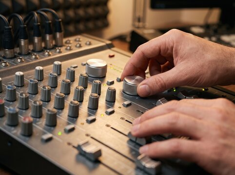 Close-up of a sound engineer's hands adjusting knobs and faders on a professional audio mixer console in a music recording or broadcasting studio.
