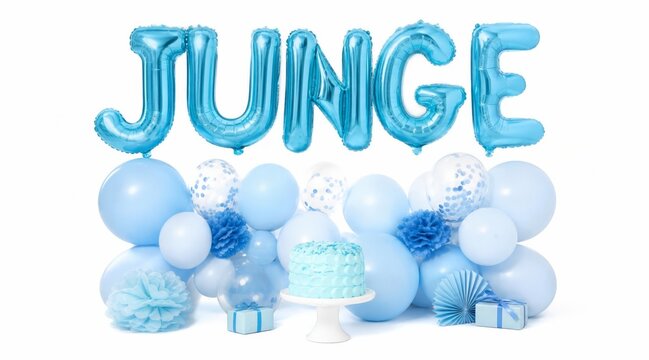 Blaue Babyparty Dekoration mit Folienballons und Torte fuer einen Jungen