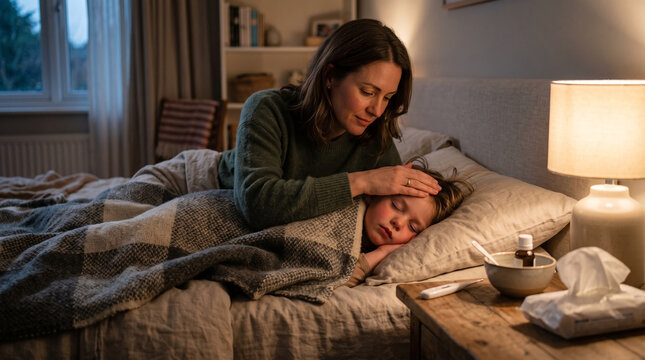 Mother touches forehead of sick child sleeping in bed