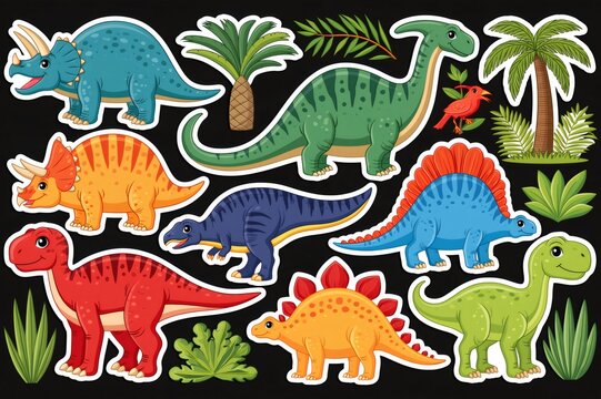 Cartoon dinosaur stickers set with prehistoric plants