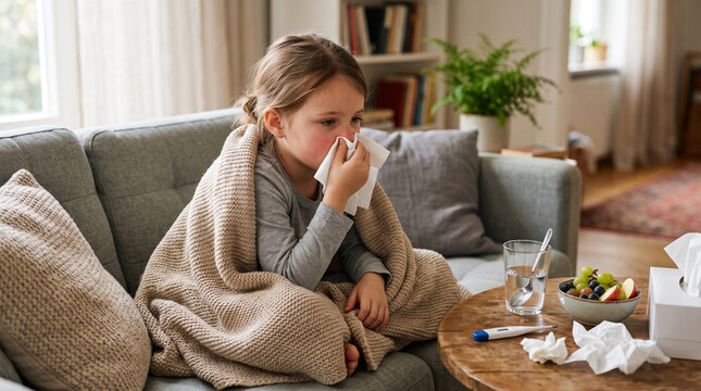 Ill child wrapped in a blanket blowing nose at home