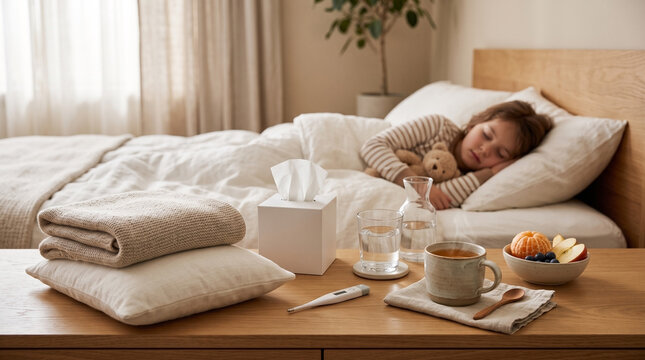 Sick child sleeping in bed with flu remedies and thermometer