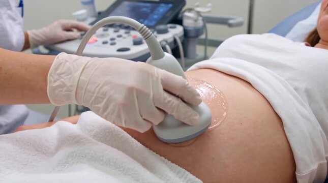 Healthcare professional performing a routine abdominal ultrasound examination on a pregnant woman in a modern medical clinic. Professional footage for prenatal care, diagnostics and healthcare concept