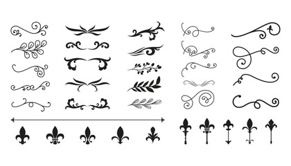 Collection of decorative vintage black flourish swirls and fleur de lis symbols with vintage elements ornamental design vector ornaments border art © JUJUTSU
