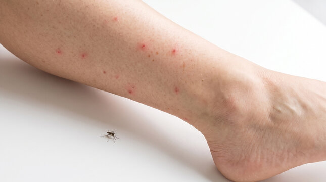 Red insect bites on human leg with a mosquito nearby