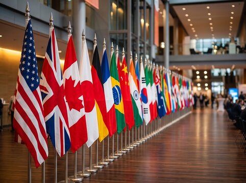 Row of international flags displayed in a modern conference hall