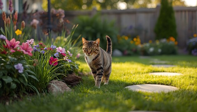 Curious Tabby Cat Walking Through Colorful Backyard Garden with Blooming Flowers in Golden Sunlight