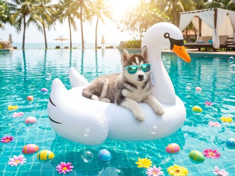 Cute husky puppy wearing sunglasses relaxing on a swan pool float in a sunny resort pool