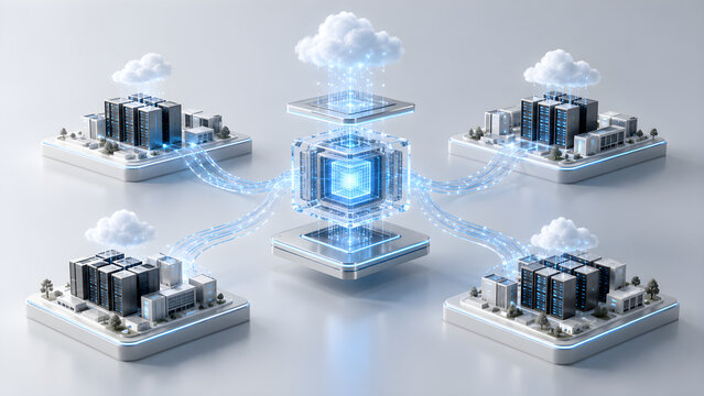 Centralized AI server hub connected to distributed data centers with cloud computing network nodes