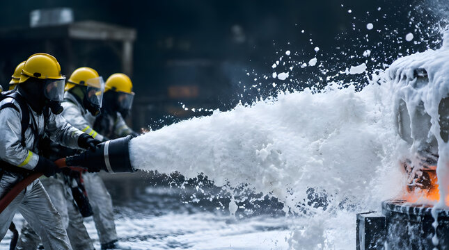 Firefighters spraying foam extinguishing a fire.
