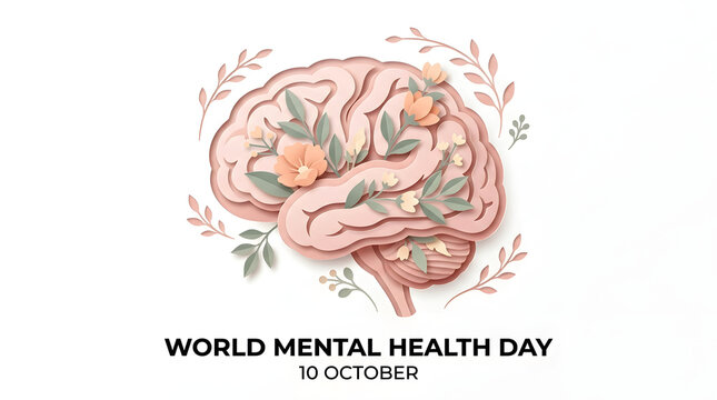 Human brain decorated with flowers and leaves for world mental health day celebration floral brain wellness