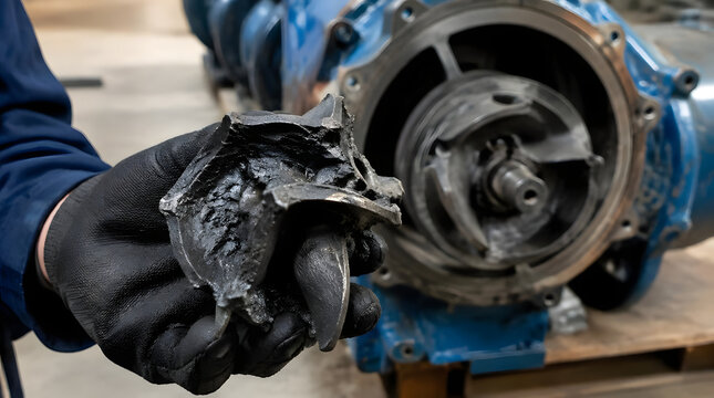 Gloved hand holding a piece of damaged industrial pump impeller.