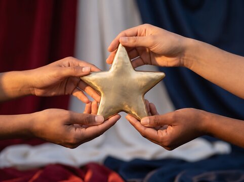 Diverse hands holding a golden star together against a red, white, and blue background
