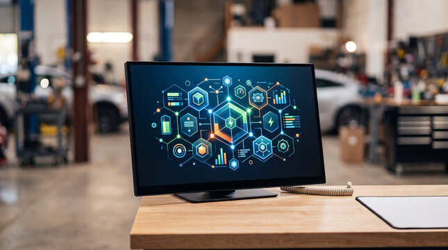 Technology dashboard monitor mockup displaying IoT data and analytics in an automotive garage workshop