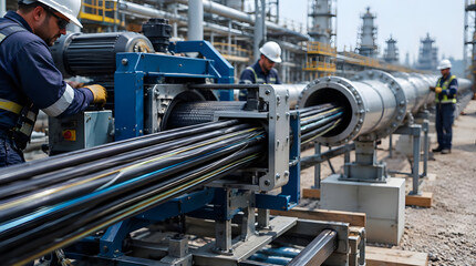 Fototapeta premium Industrial workers installing large bundle of cables into a conduit.