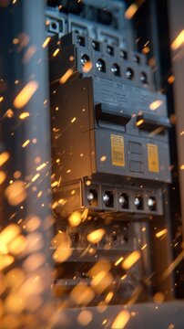 A close-up of a circuit breaker amidst flying sparks, highlighting electrical energy and safety