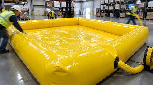 Large yellow inflatable spill containment berm being set up by workers.