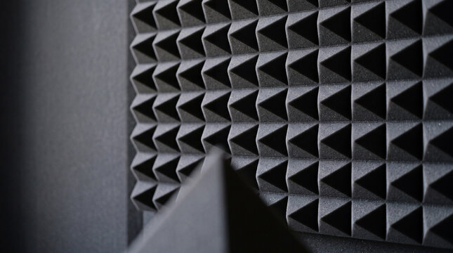 Acoustic foam panels in recording studio close-up showing pyramid soundproofing texture and pattern