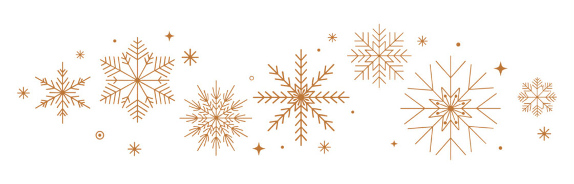 Decorative border made of elegant gold linear snowflake icons isolated on a white background for winter design