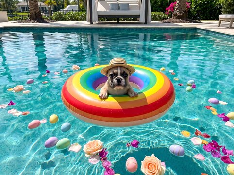 Cute french bulldog puppy in a straw hat floating on a rainbow inner tube in a pool with flowers and easter eggs