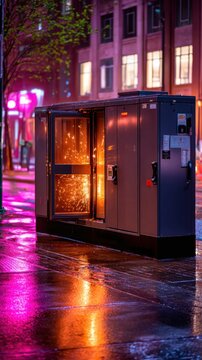 A illuminated utility box stands on a wet city sidewalk, reflecting colorful neon lights