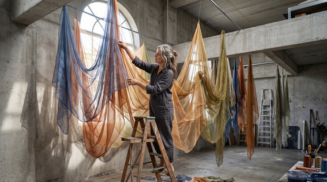 Female artist arranging colorful dyed silk fabrics hanging in industrial studio space