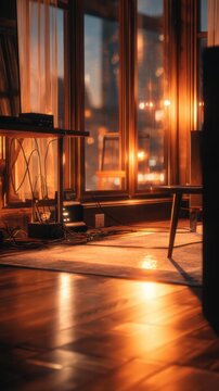 A cozy room bathed in warm light reflects off polished wooden floors and softly glowing furnishings