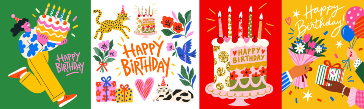 Happy Birthday! Greeting card. Playful vector illustrations featuring a cheerful modern character, a birthday cake with candles, lettering, gifts, balloons, hands holding flowers, a cat, and party ele