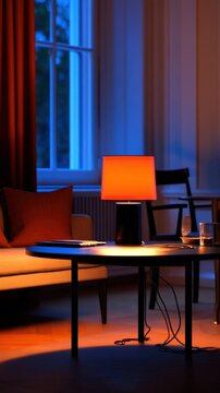A cozy living room scene illuminated by a warm orange lamp, with deep shadows and vibrant colors