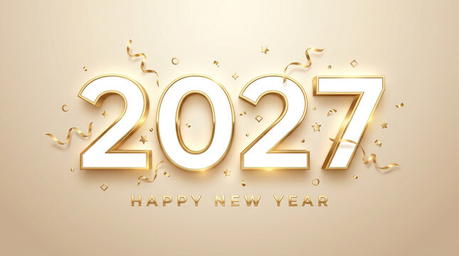 Minimalist 2027 numbers with gold trim and subtle confetti, offering a chic backdrop for new year wishes.