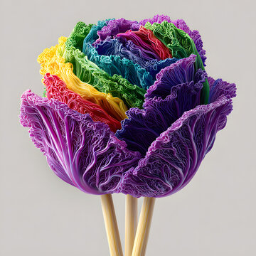 Rainbow cabbage petals form vibrant multicolored rose like head with intricate ruffled leaves and wooden chopstick stems, bright color contrast and detailed texture creating joyful visual impact