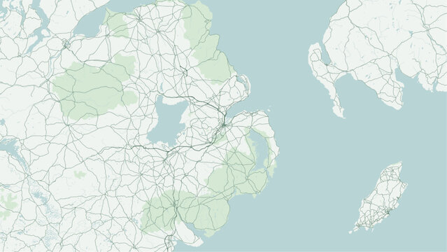 Modern minimalist vector map of Belfast, Northern Ireland, UK. Scalable capital street grid, River Lagan waterfront, Titanic Quarter shipyard, Cavehill, and M1 motorway for wall art posters.
