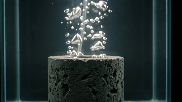Porous black air stone releasing rising air bubbles inside a clear glass aquarium tank against a dark background