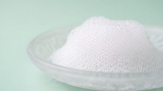 Сloseup soap foam and bubbles in glass dish on mint background for skincare and cleaning