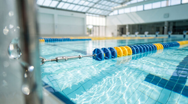 Indoor swimming pool lane rope over clear water ready for training and competition sessions