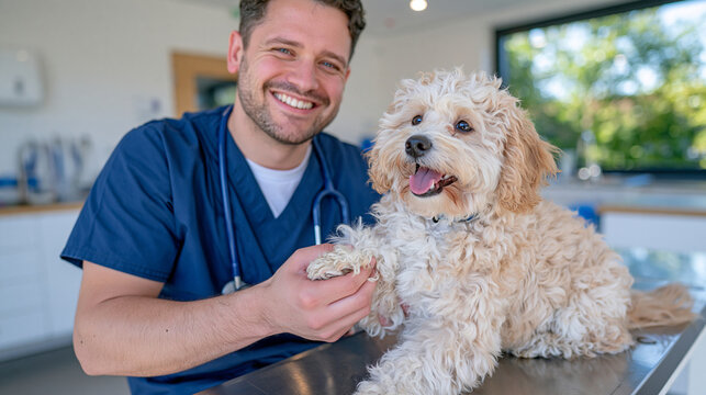 Rear three quarter view of a male veterinarian gently examining the paw of a small dog during a routine clinic visit, veterinarian and pet positioned naturally beside a modern examination table, cle