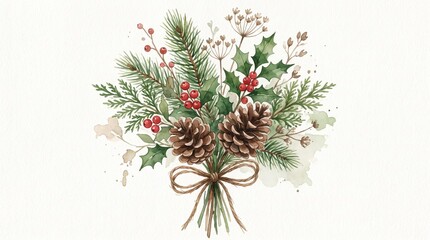Fototapeta premium Watercolor Christmas bouquet with pine cones and holly leaves