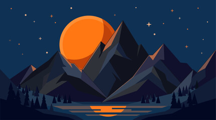 Fototapeta premium Charming outdoor adventure vector graphic of a mountain range by a calm lake illuminated by a glowing orange moon