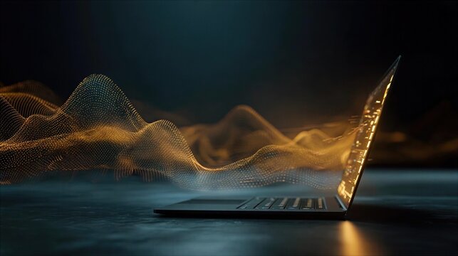 Waves of light flow around a laptop showing technology and creativity