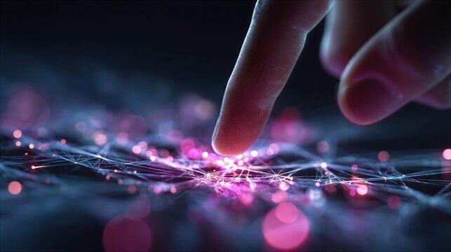 Finger touches glowing network of lights and lines at night