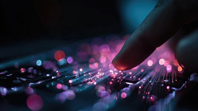 Fingers touch a keyboard with colorful lights in a dark setting during a tech event