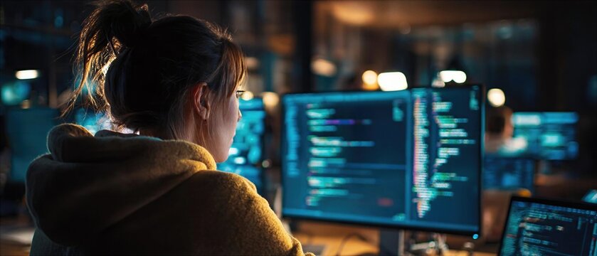 Young adult working on computer in a dimly lit office during late hours