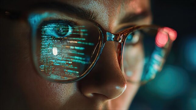 Person wearing glasses looking at computer code on a screen