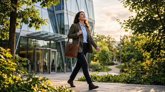 Confident businesswoman walking outside modern glass office building with leather bag
