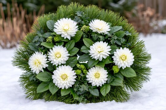 White dahlia funeral wreath resting on snow