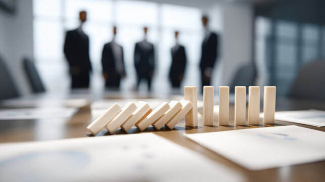 Wooden dominoes falling on a desk with blurred businesspeople standing in the background, symbolizing cause and effect or risk in a corporate setting.