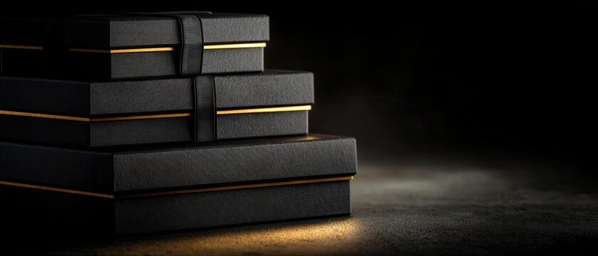 Piles of black gift boxes with golden accents sitting on a dark surface