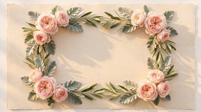 Elegant floral frame with pink roses and greenery on cream paper background