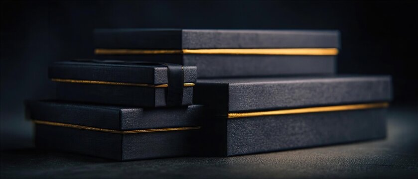 Black gift boxes stacked with gold accents in a dark setting
