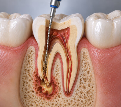 Root Canal Treatment and Endodontic Therapy on Infected Molar with Periapical Abscess 3D Illustration